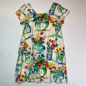 Vintage JAMS World Dress Sz LARGE Crystal Watercolor Floral Vases 90s Rayon